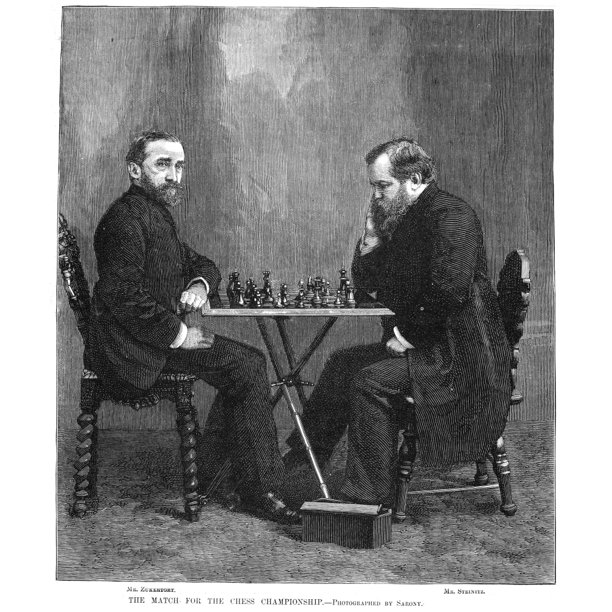 Jan Herman Zukertort (od lewej) i Wilhelm Steinitz podczas wygranego przez Steinitza meczu o tytuł mistrza świata, USA, 1886, domena publiczna